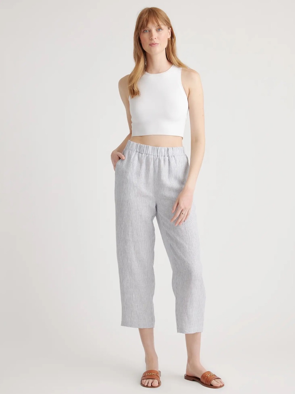 Quince 100% European Linen Pull-On Pants Blue White Stripe Size Small - Picture 3 of 8